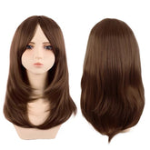 Shoulder Length Layered Curtain Bangs Wavy Wig Chocolate Brown